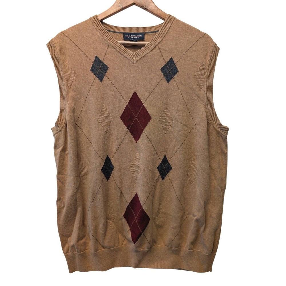 Roundtree‎ & Yorke Mens Large Tan Argyle V-Neck 100% Cotton Sweater Vest L